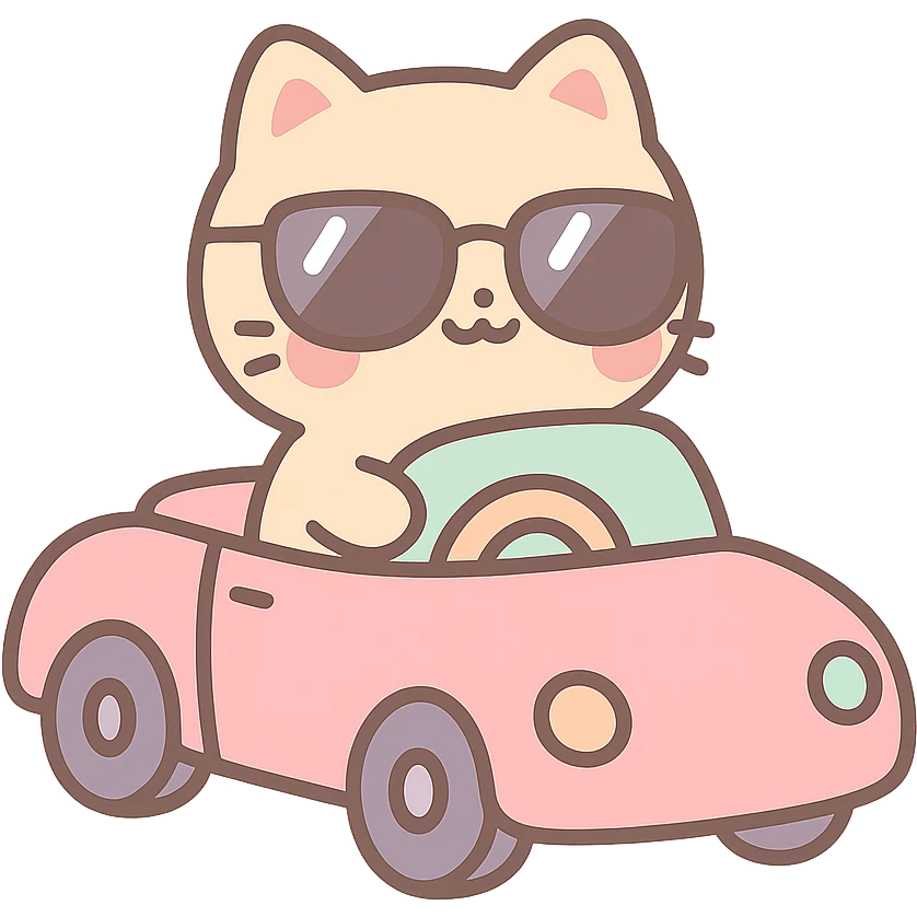 chat avec des lunettes de soleil dans une voiture décapotable, style kawaii emoji