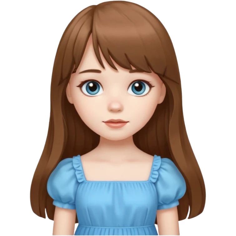 A pale girl with very long brown hair with bangs and a layer longer than that, wearing a cute sky blue dress and cute doll makeup.  emoji
