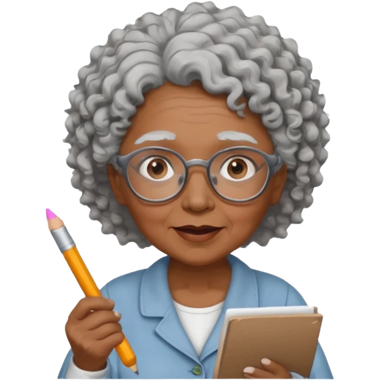 old woman teacher, brown skin, curly grey white hai, wearing glasses, hold chalk on hand emoji