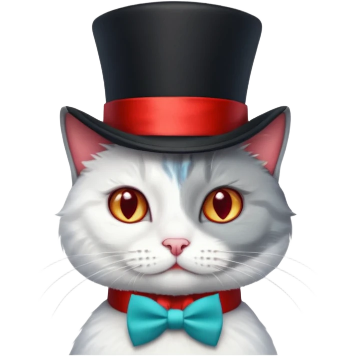  Kater in grau weiß, mit schwarzem Zylinder, der eine rote Banderole auf dem Kopf hat, der etwas schräg ist, so dass nur ein Ohr zu sehen ist. Der Kater schaut gerade nach vorne und am Hals hat er eine kleine, rote Schleife. Die Augen sind türkisfarben am funkeln mit kleinen, weißen Lichtreflexen. emoji