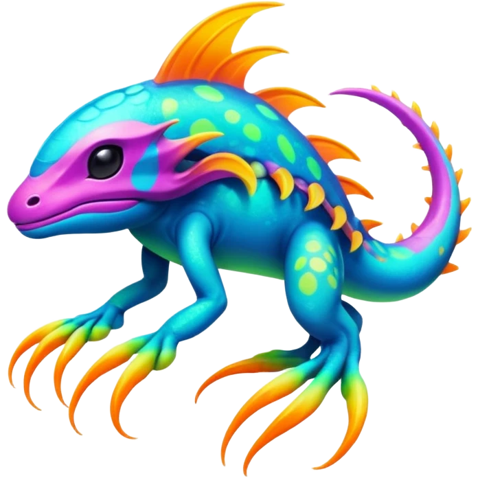 Exotic futuristic lush warm-colored neon tropical Fakémon-Fionbri-creature with cool-colored splash markings  emoji