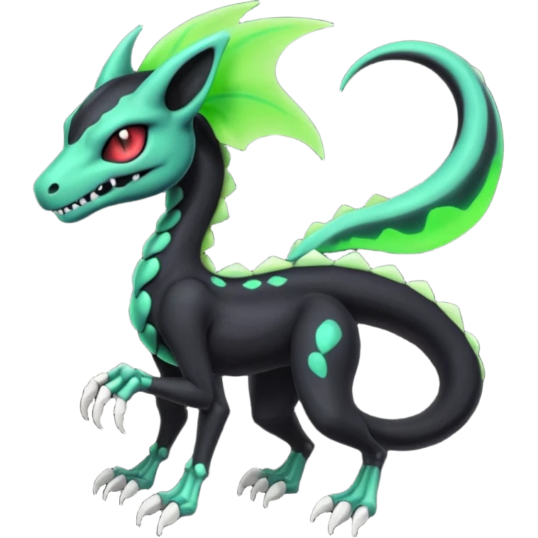 Evil Cool Handsome Badass Obsidian-black and neon-glowing-green skeletal Meloetta-Salandit-Gorebyss-Salazzle-Pokémon-Fakémon-creature-fusion-hybrid emoji