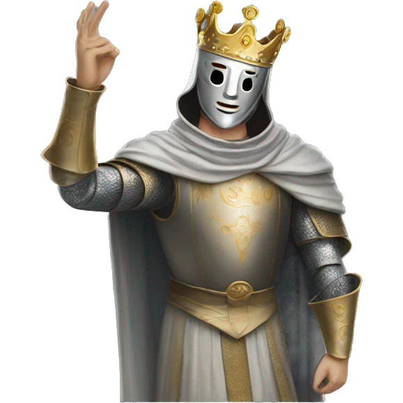 king baldwin IV in silver full face mask up who raises his right hand with the mask emoji