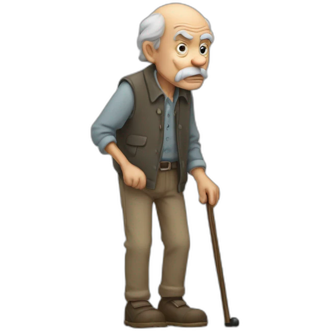 Old man leaning on a walking cane and holding his crancky back with his hand, grumpy face, detailed emoji