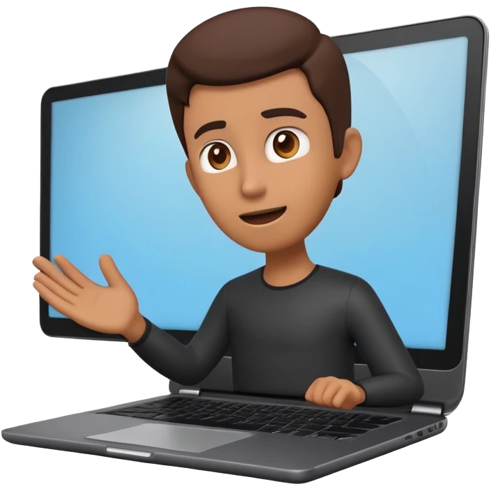 A dark-colored laptop with the screen open. From the screen, a person is emerging, giving a lecture or teaching. The person should look expressive and in a teaching pose. Soft shadows, semi-3D emoji style, clean background. emoji