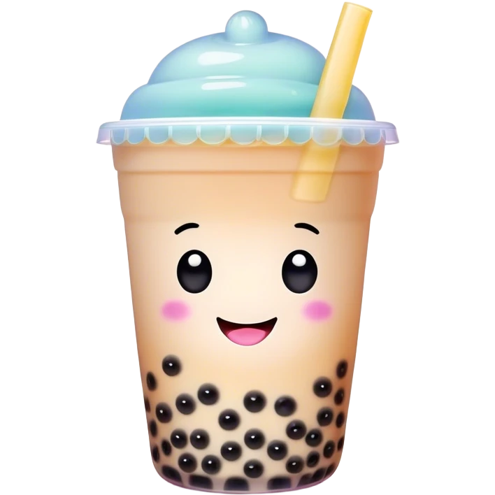 Cinematic pastel-colored bubble tea, chubby cup with a smiling face, tiny black tapioca pearls peeking out, soft glowing background, playful and adorable. emoji