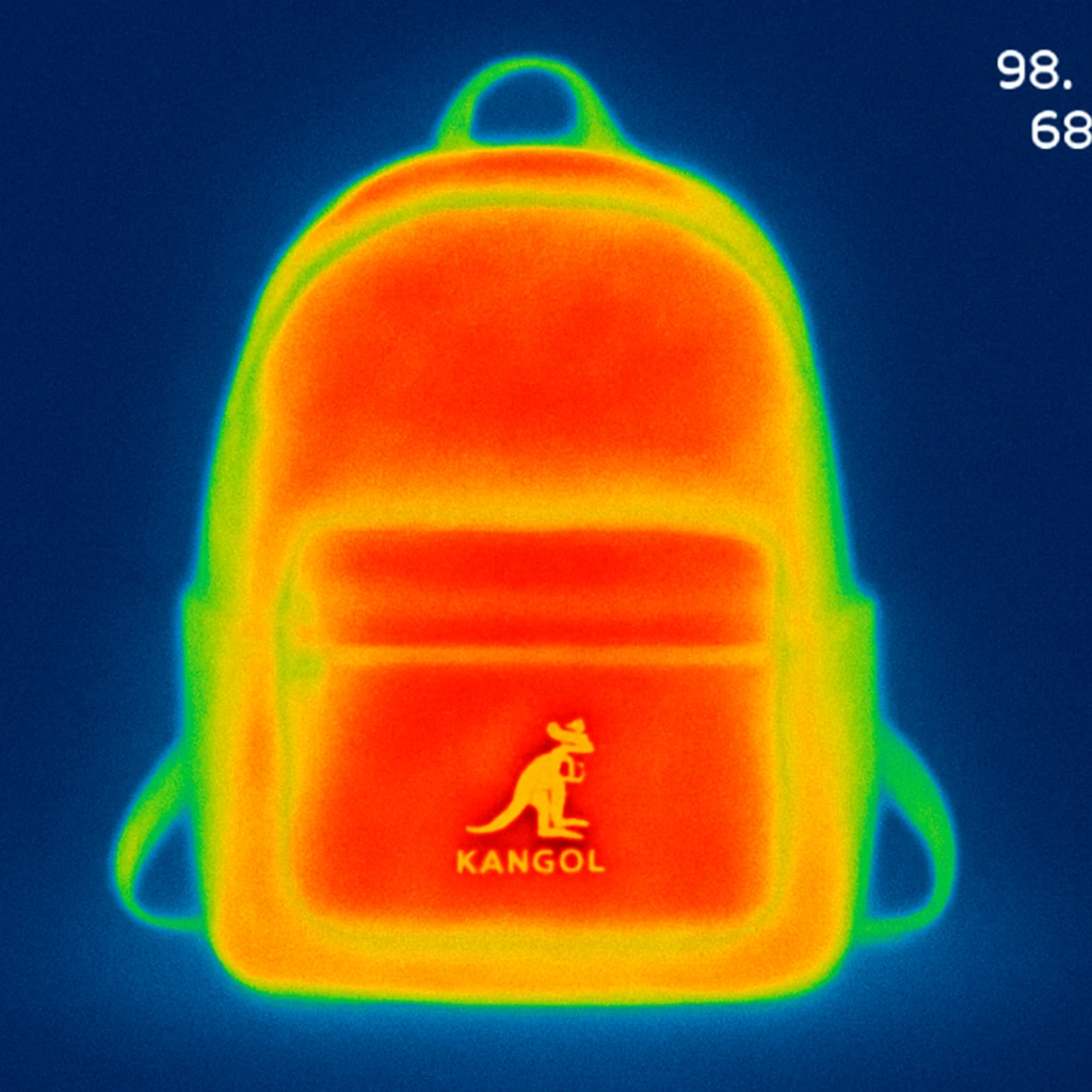 A Kangol backpack with small logo emoji