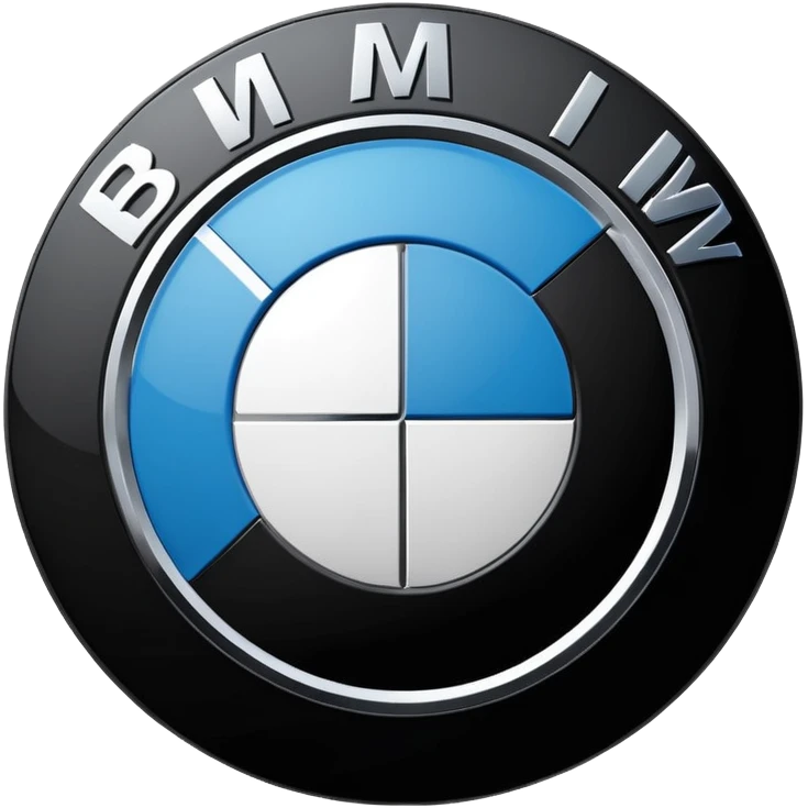 A clean, circular car logo inspired by BMW, with a black outer ring, inner circle divided into four equal quadrants, alternating blue and white colors, bold white letters on the black ring, glossy finish, minimal background, high resolution, professional automotive logo style emoji