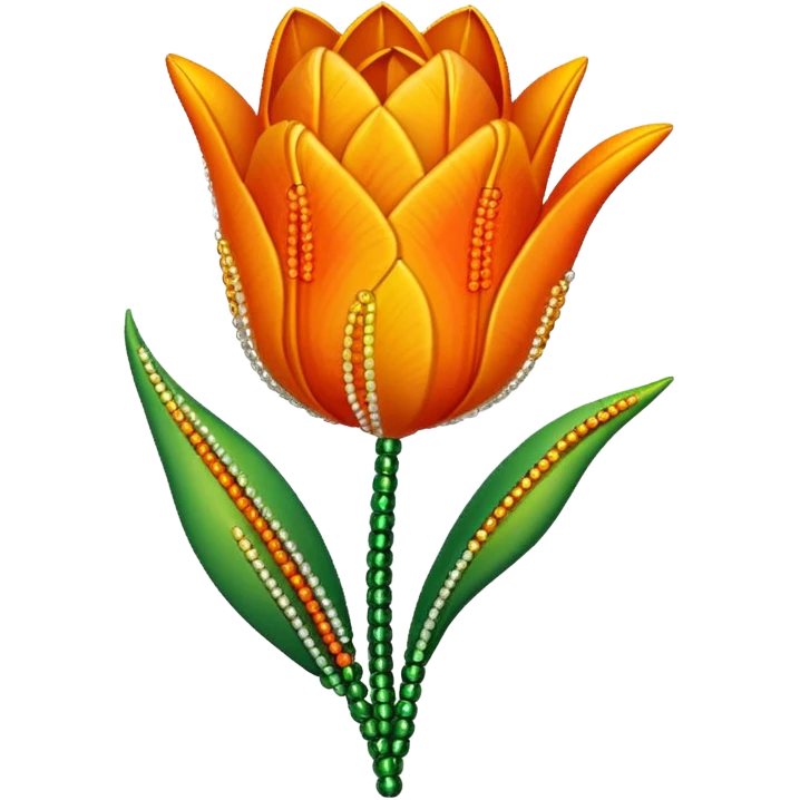 french beaded tulip, floral craft, sparkling glass beads, orange and yellow gradient petals, green foliage, realistic, elegant, no background emoji