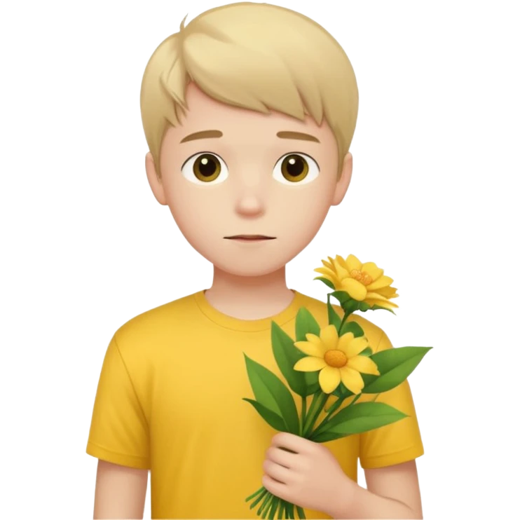 generate an ios genmoji of a 20 year old fair boy with 3 very faint upper lip  hair. should look like he cant grow a mustache., carrying a flower bouquet, wearing a yellow tshirt, looking shy emoji