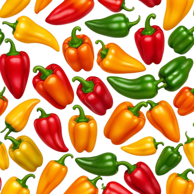 Cinematic bright colorful peppers, glossy and fresh, arranged in a vibrant mix of red, yellow, and green, warm glowing background, fresh and lively. emoji