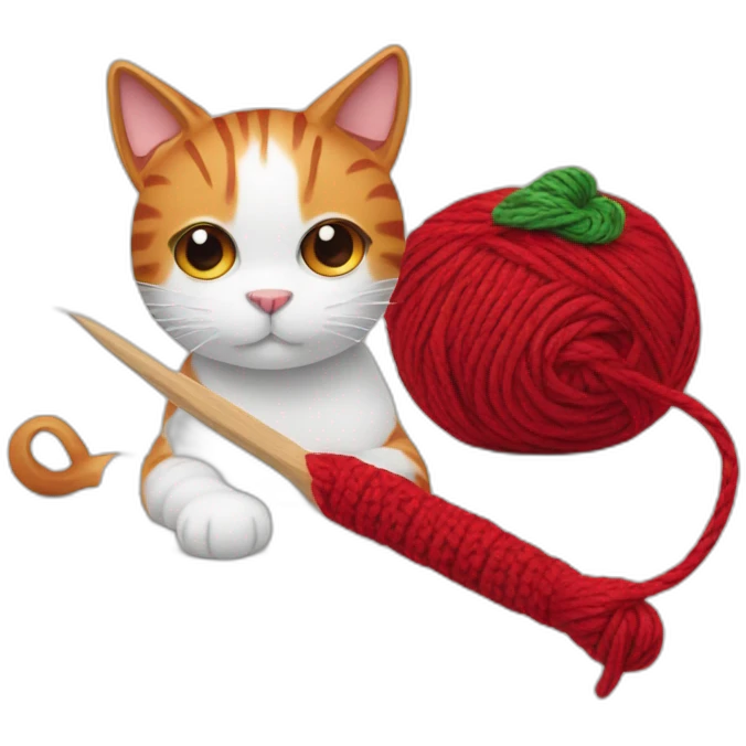 yarn with a crochet hook and a red and white cat nearby emoji