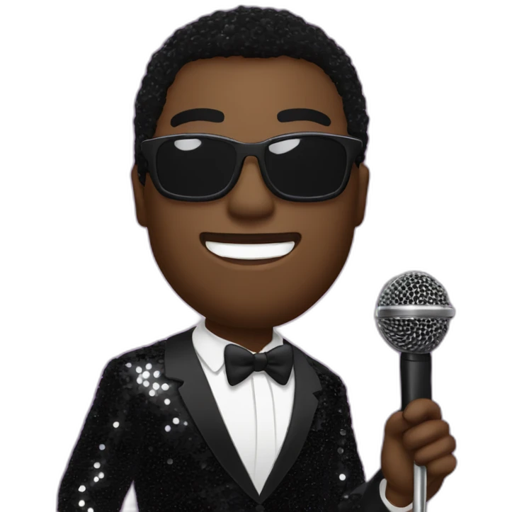sam richardson in a black sequin suit holding a microphone singing emoji