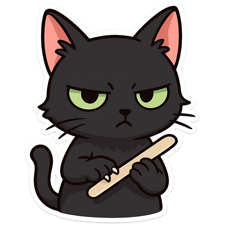 A black cat with an impatient expression is sharpening its claws with a nail knife emoji