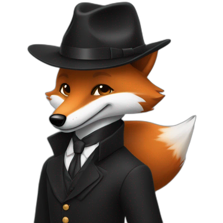 Un renard en costume noir avec un chapeau fait 👋 emoji