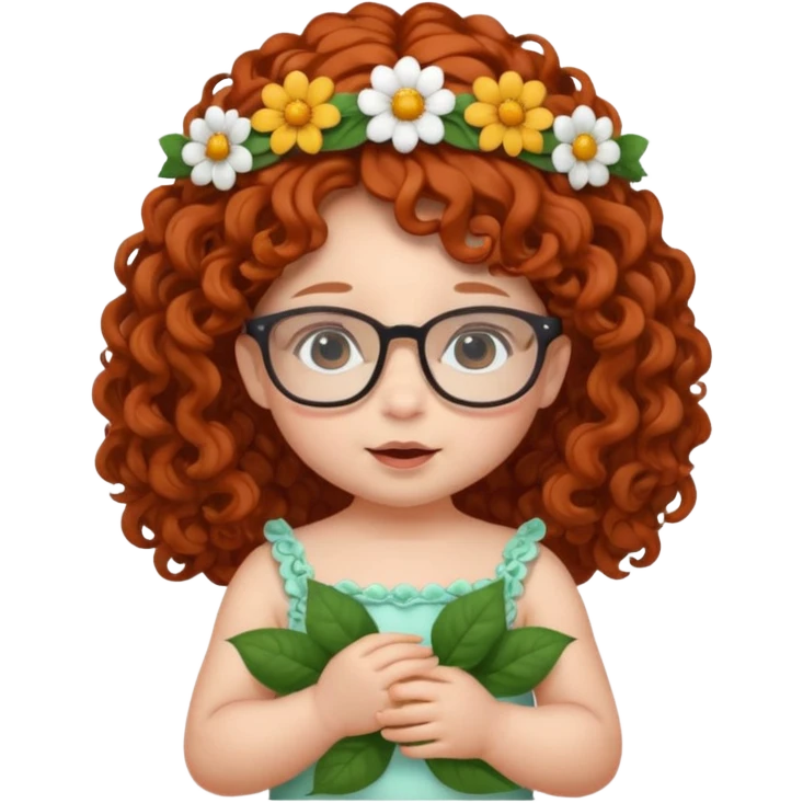 baby with big flower tiara dark ginger long curly hair and glassess emoji