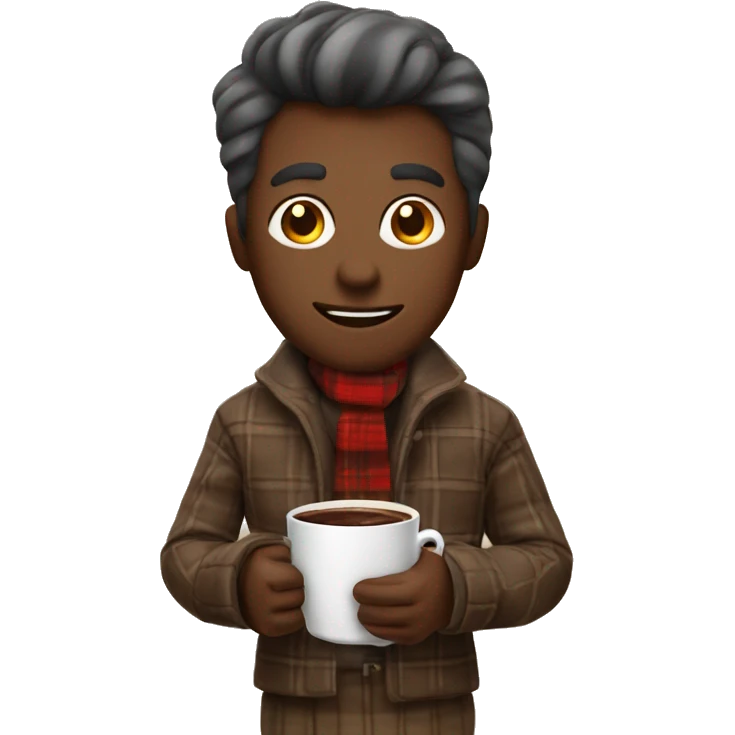 A man with a plaid on his neck holding a hot Cup of chocolaté emoji