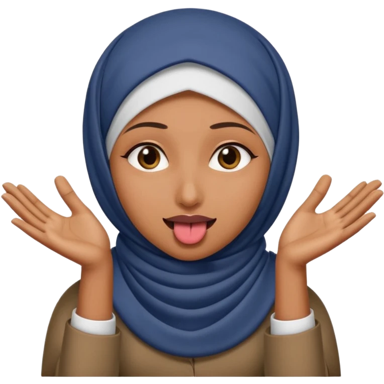 hijabi with tongue out and hands prying out to the side emoji