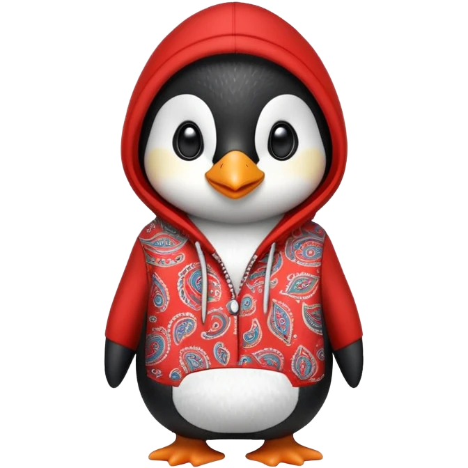 penguin wearing a red paisley pattern hoodie emoji