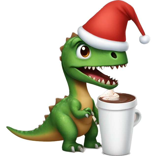 Dinosaur with a Christmas hat holding a hot chocolate  emoji