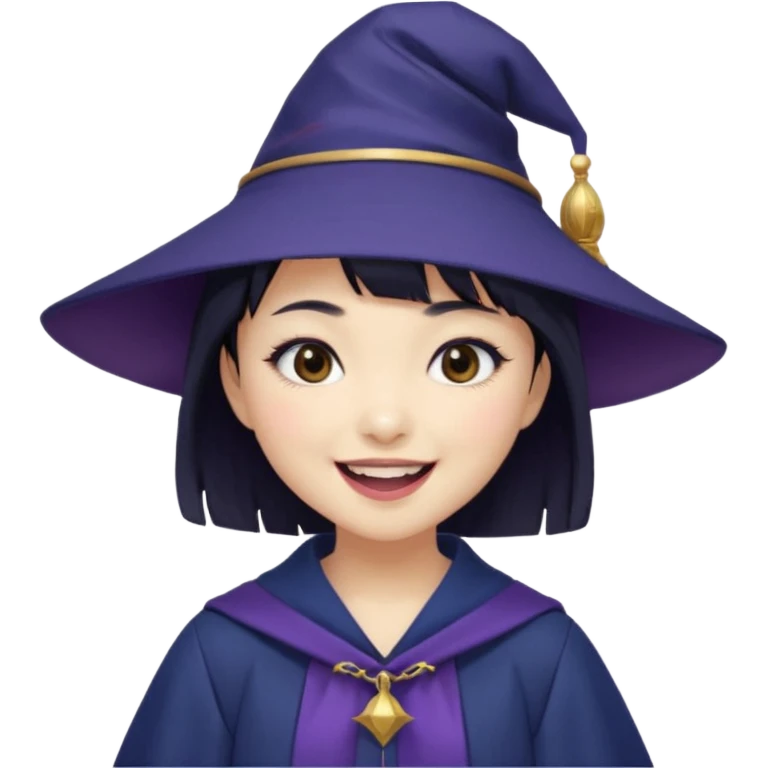 An Asian short-haired girl with short raven hair and bangs, with heterochromia eyed, eyeliner, and laughs with teeth and her tiny fang of mauve-toned lipstick, wears a dark navy wizard hat with an emblem on it. emoji