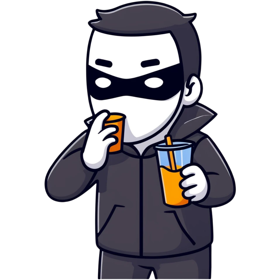 Masked man in dark clothes holding and sipping from a small juice box, comical contrast between serious appearance and childish action emoji