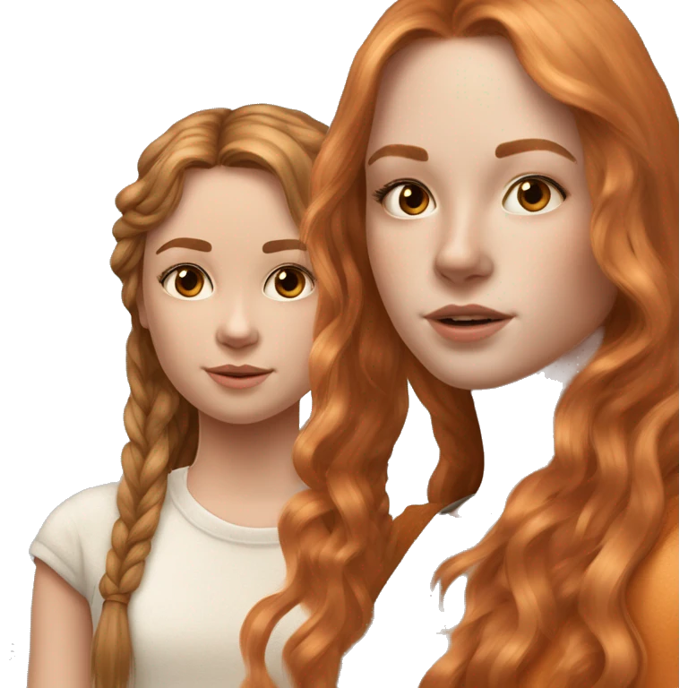 serene two girls. one has tan skin wavy brunette hair and the other has pale skin natural soft orange hair delicate fringe. standing together in gentle light. calm and content. hyper-realistic soft textures fine details glow on skin emoji
