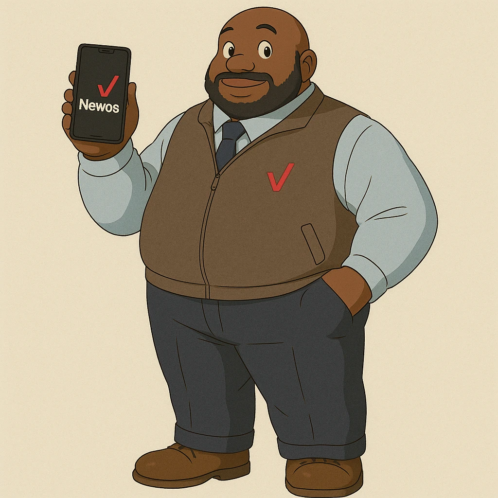 Make the character's skin tone a bit darker, add a clean background, place the Verizon V logo on the sweater vest, and change the text on the phone from 'JUICE' to 'Newos' in a Ghibli-inspired style. emoji