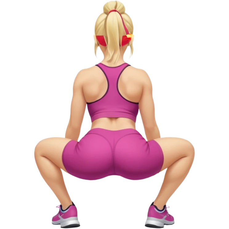 buxom blonde fitness trainer, back view, bending over, squatting on soles, SFW, sporty outfit, playful pose, no nudity emoji