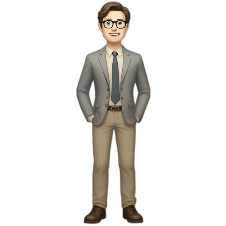 Full height Pale skinned Fit Man With dark brown hair in gray jacket, beige office shirt, tie, Brown pants and vintage glasses. Thrumbs of his palms directed up emoji