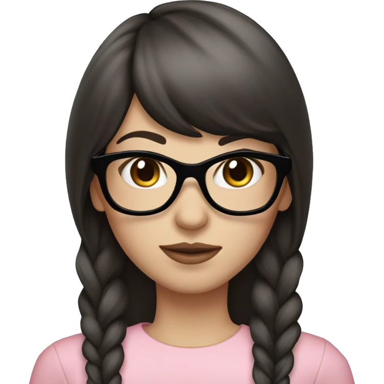coquette Girl with long dark brown hair and bangs and black glasses pale skin pink long sleeve shirt emoji