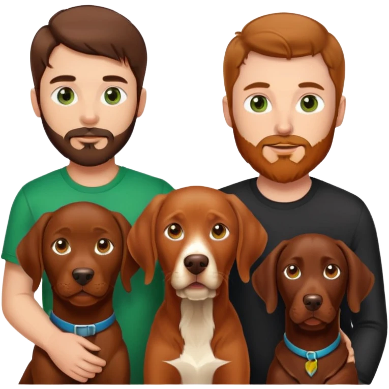 White male with brown hair, green eyes and beard with Hispanic female with with brown eyes and brunette hair with vizsla and chocolate Labrador retriever emoji
