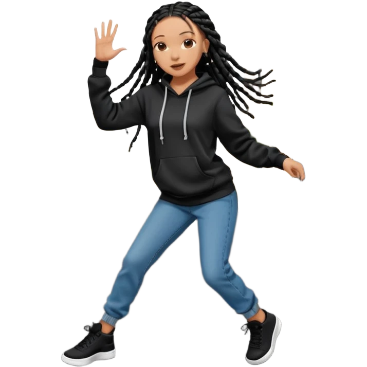 African American girl light skin with long black box braids wearing plain black hoodie wearing skinny jeans dancing in street emoji