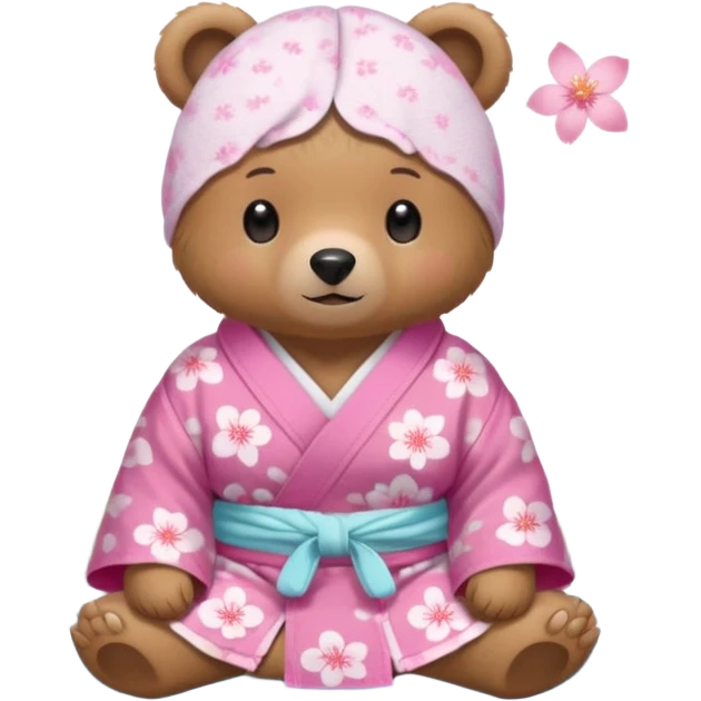 A cute light-brown bear wearing a pastel pink sakura-patterned yukata loosely, normal balanced body ratio.  
Relaxing in a warm hot spring with steam around, a small towel on the head, peaceful happy expression.  simple scenic background with rocks. emoji