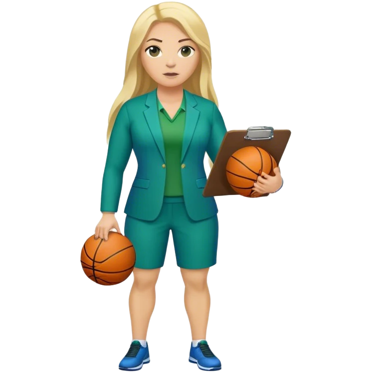 Full Body white plus size female basketball head coach using a clipboard with long blonde hair in a blue and green suit emoji