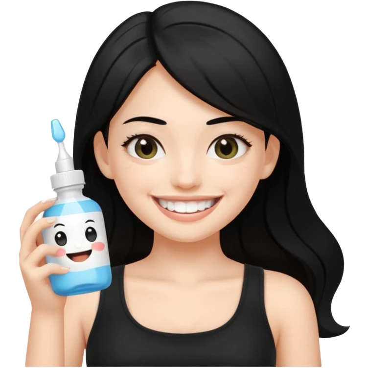 a fair-skinned girl with beautiful black hair, wearing a black crop top, smiling widely with very white teeth, holding a whitening serum bottle, Genmoji emoji style emoji