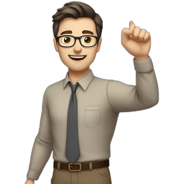 To belt Actively gesturing with hands Pale skinned fit man teacher with dark brown hair in gray jacket, beige office shirt, brown tie, brown pants and vintage glasses. emoji