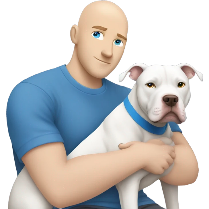 bald white man with blue eyes and blue tshirt Hugging large grey pit bull emoji