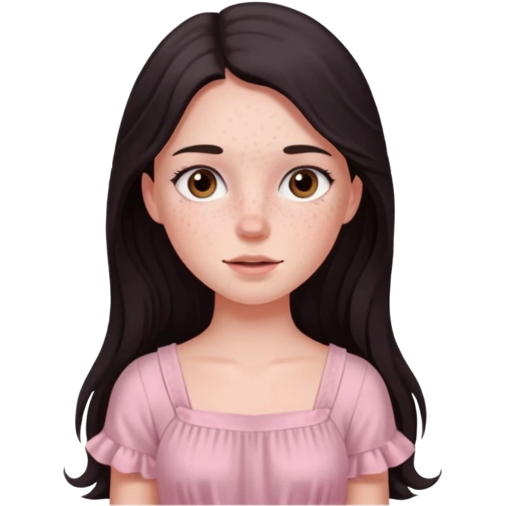 Девочка с длинными темными волосами и веснушками в нежно розовом emoji