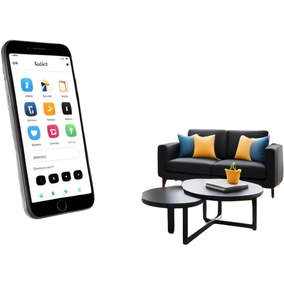 smartphone with interior design style quiz app showing swipe left and right arrows between modern and traditional living room styles emoji