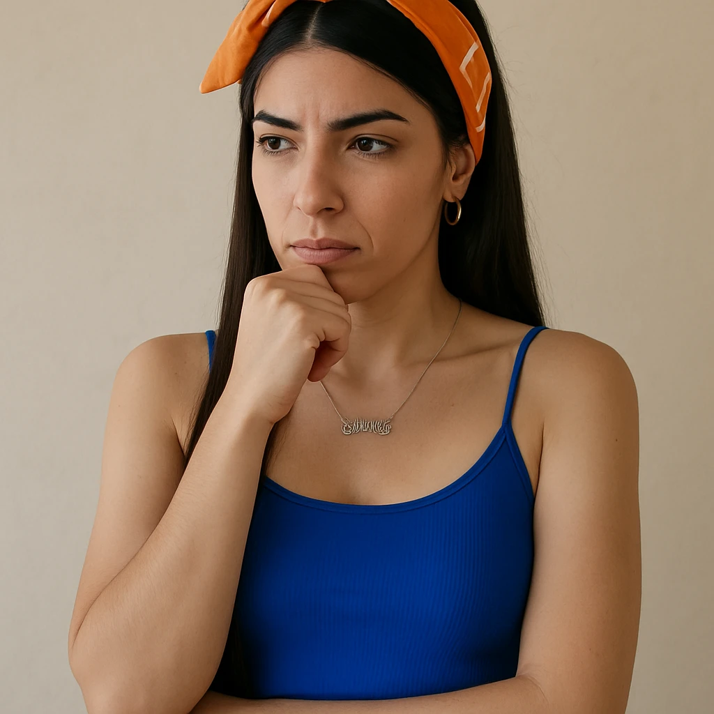 Create a hyperrealistic 4K image of a thoughtful woman, almost full figure, with her hand under her chin, inspired by the reference image. She has a reflective expression and a neutral background. This is variant 7 with a changed arm position. emoji