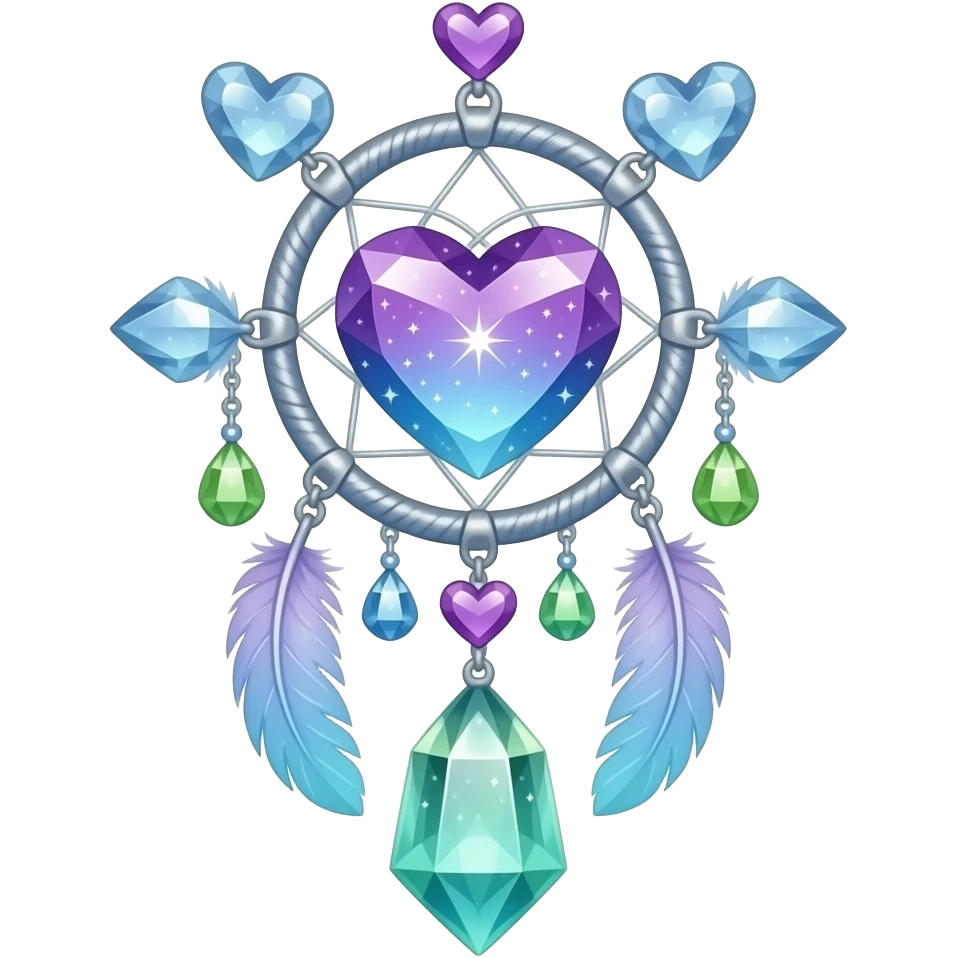 Starry shiny sparkly Purple-Blue-cyan-lime-green-gradients and silver cold-cool-colored romantic lush beautiful pretty hanging crystal-catcher aesthetic with hearts and sparkles and feathers emoji