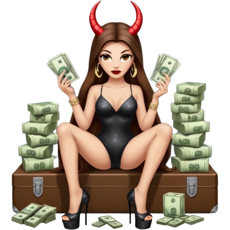 Sensual seductress long brown straight haired sexy drug lord woman with  glitter platform high heels on her feet,  and devil black horns on her head, holding a stack of cash, has a phone in other hand. Sitting on  Cases of drugs. Evil  emoji
