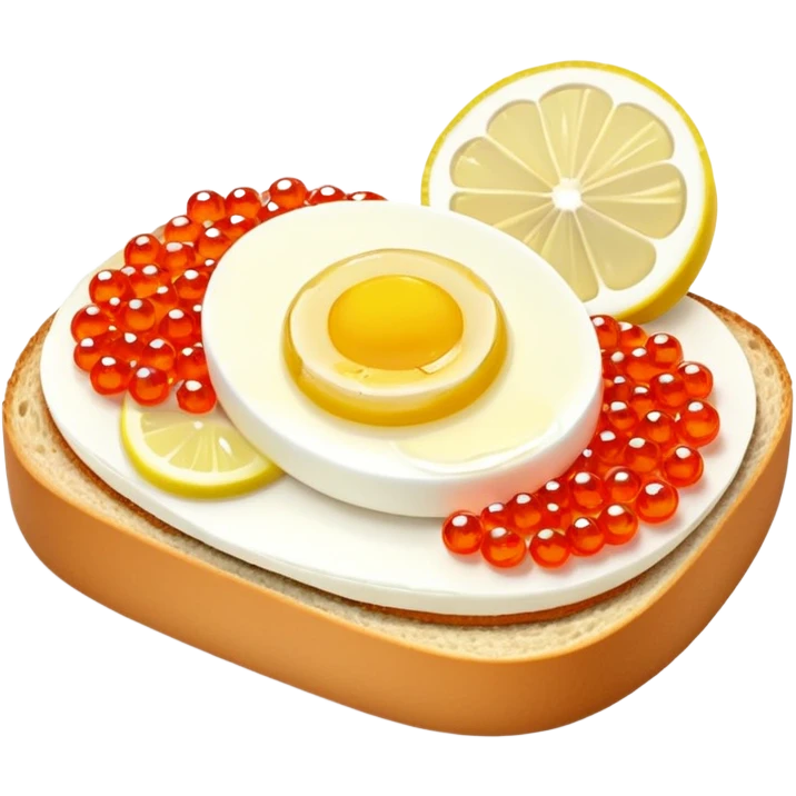 open sandwich with butter, boiled half egg, slice of lemon, red caviar emoji