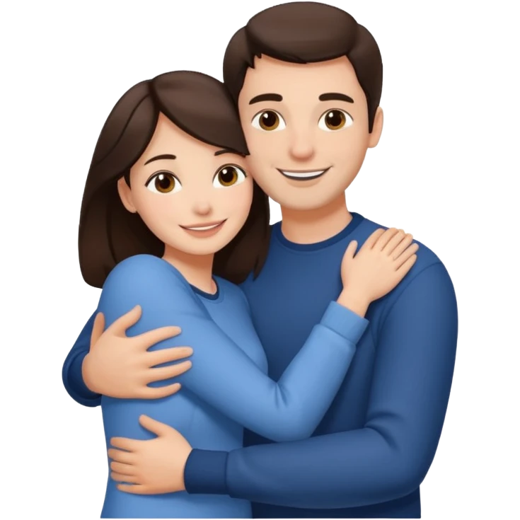 beautiful brunette woman hugging a man, warm and affectionate, both smiling, close embrace emoji