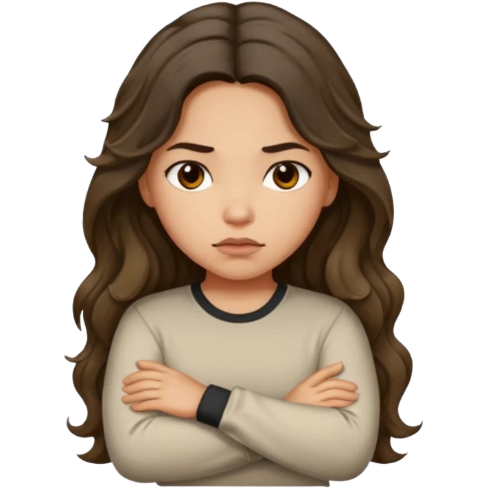 Hispanic light tan girl with long dark wavy hair with arms folded and pouting. Wearing a long sleeve. Hair with middle part. emoji
