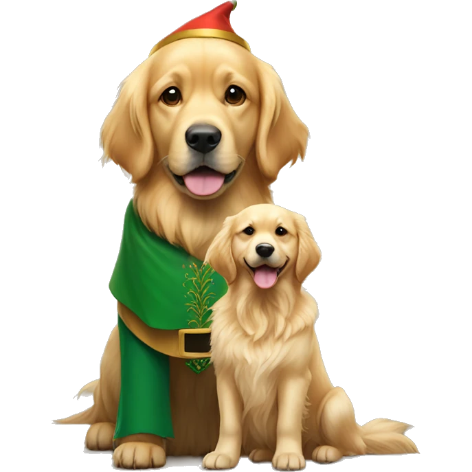 A golden retriever stands proudly Side by Side with and elf  emoji