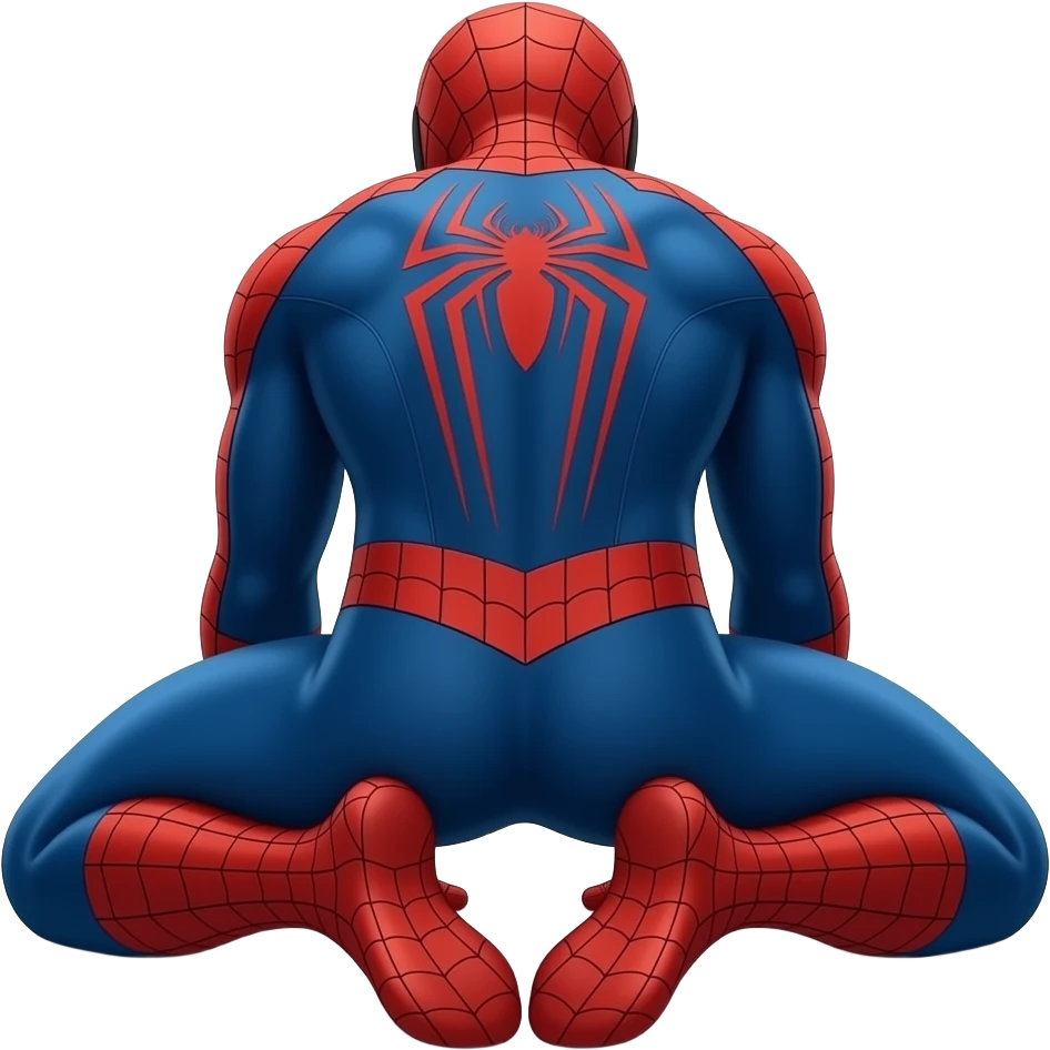 spiderman but only the back side of him kneeling down with his feet on his tip tows and his hands in between his feet, while he is slightly hunching over looking down emoji