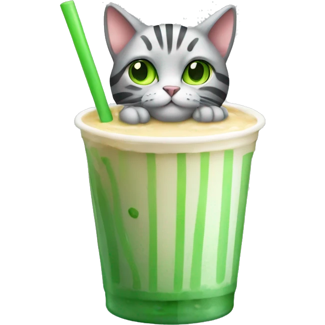 A striped grey cat with green eyes drinking boba emoji