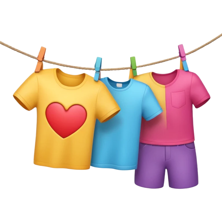 Apple-style 3D emoji showing two human hands hanging colorful clothes on a clothesline with clothespins, only hands, part of the rope, and laundry visible, bright cheerful atmosphere, clean white background, soft lighting



 emoji